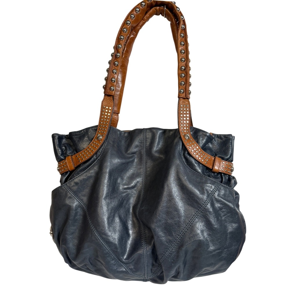 Boho Indie Grunge Navy Blue Leather Studded Hobo Shoulder Bag Large Oversized - Picture 2 of 16